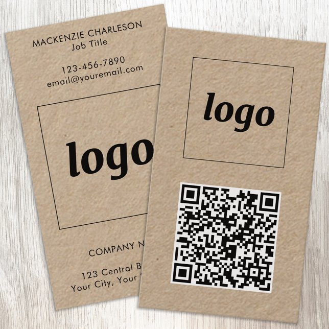 Simple Logo Text QR Code Vertical Format Business Card (Simple logo with custom text and QR code business branding promotional Kraft business cards)