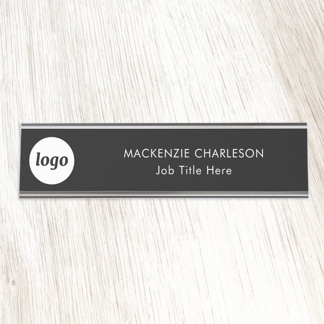 Simple Logo with Custom Text Black Business Desk Name Plate (Logo with text simple business branding professional name plate)