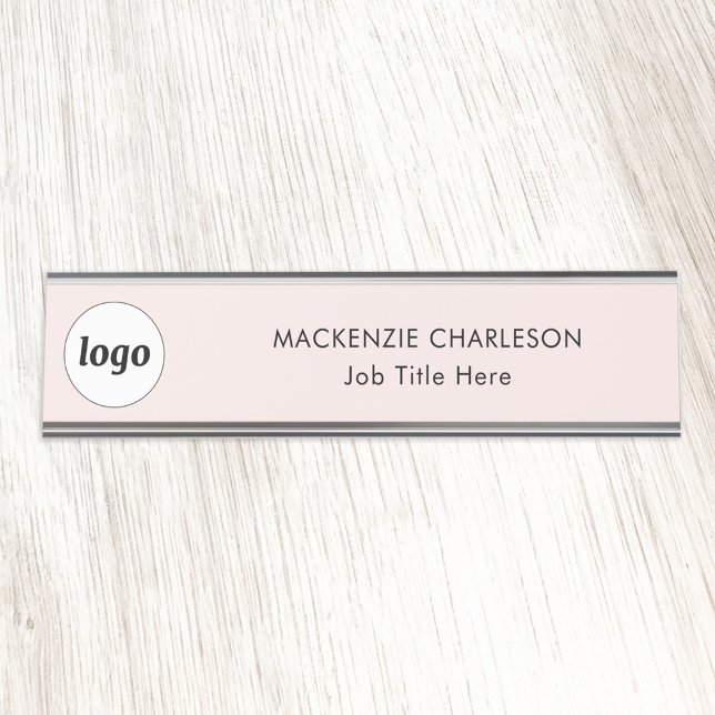 Simple Logo with Custom Text Business Blush PInk Desk Name Plate (Logo with text simple business branding professional name plate in blush pink)