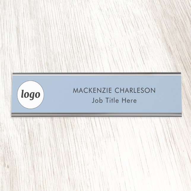 Simple Logo with Custom Text Business Powder Blue Desk Name Plate (Logo with text simple business branding professional name plate)