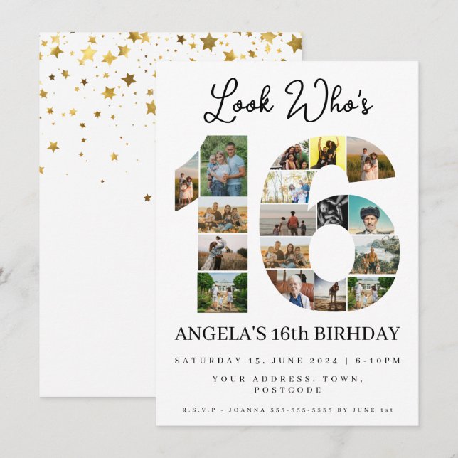 simple look who's 16 Photo Collage teen birthday Invitation (Front/Back)