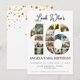simple look who's 16 Photo Collage teen birthday Invitation