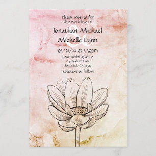 Simple Lotus Flower   Pink Gold Marble Bkg Wedding Invitation