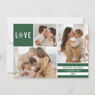 Simple Love 3 Photo Collage Modern Stripes Green Holiday Card