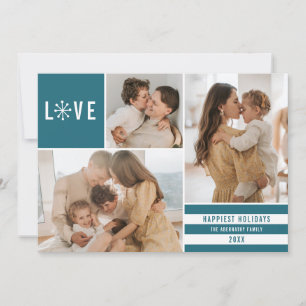 Simple Love 3 Photo Collage Modern Stripes   Teal Holiday Card