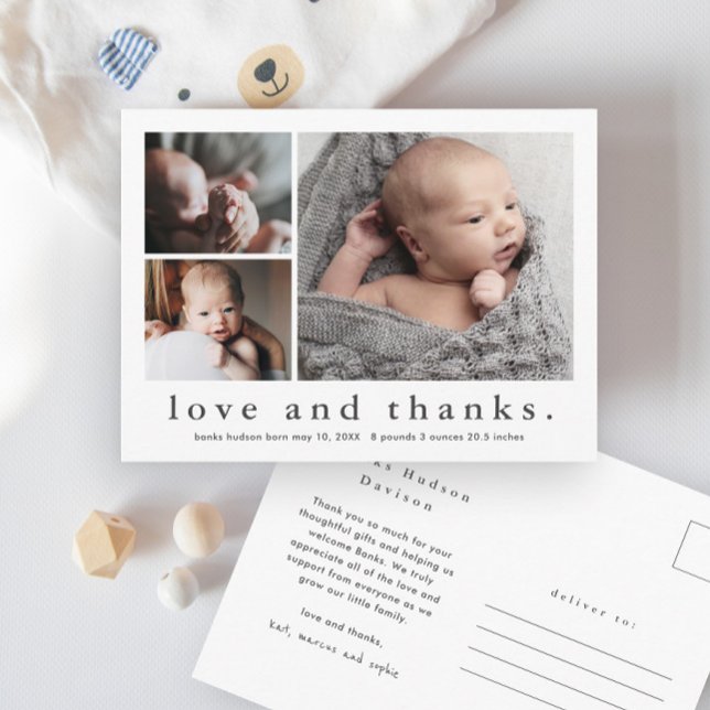 Simple Love and Thanks 3 Photo Baby Thank You Postcard (Simple love and thanks typography baby photo thank you postcard.)