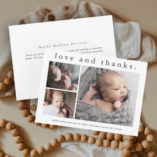 Simple Love and Thanks Baby Announcement Thank You (Simple type love and thanks baby photo announcement thank you cards.)