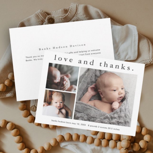 Simple Love and Thanks Baby Announcement Thank You (Simple type love and thanks baby photo announcement thank you cards.)