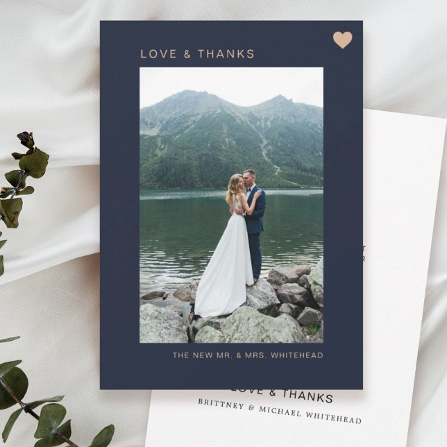 Simple Love and Thanks Heart Photo Navy Thank You Card (Creator Uploaded)