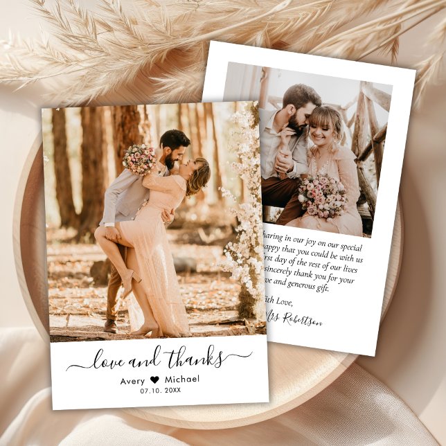 Simple Love and Thanks Script Heart Photo Wedding Thank You Card (Creator Uploaded)
