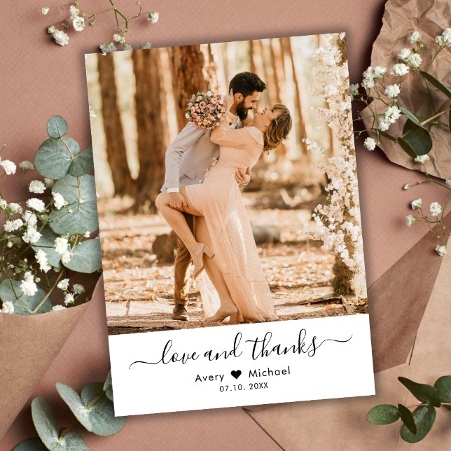 Simple Love and Thanks Script Heart Photo Wedding Thank You Card (Creator Uploaded)