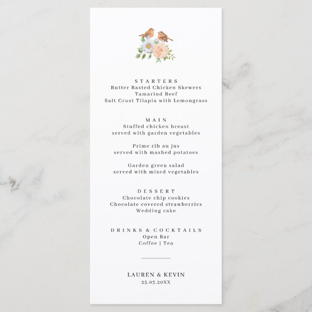 Simple love birds Wedding Menu Card (Front)
