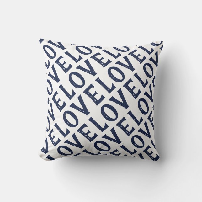 Simple Love Blue White Typographic Throw Pillow (Front)