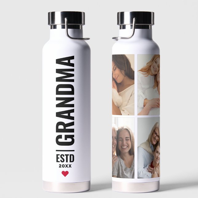 Simple Love Grandma Custom Date 4 Photo Collage  Water Bottle (Creator Uploaded)