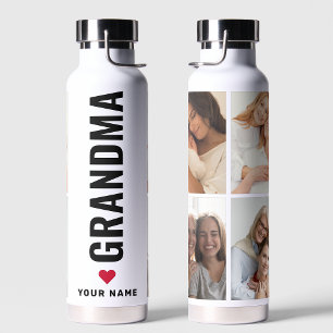 Simple Love Grandma Custom Name 4 Photo Collage Water Bottle