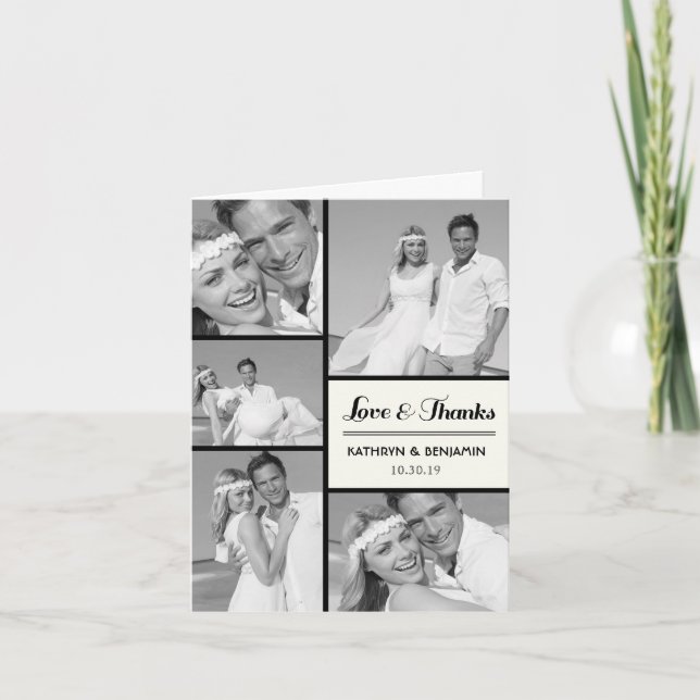 Simple Love & Thanks 5 Multi Photo Modern Wedding Thank You Card (Front)