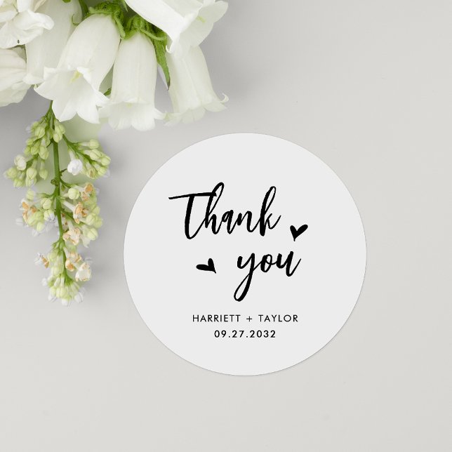 Simple Lovely Heart Script Wedding Thank You Classic Round Sticker (Creator Uploaded)