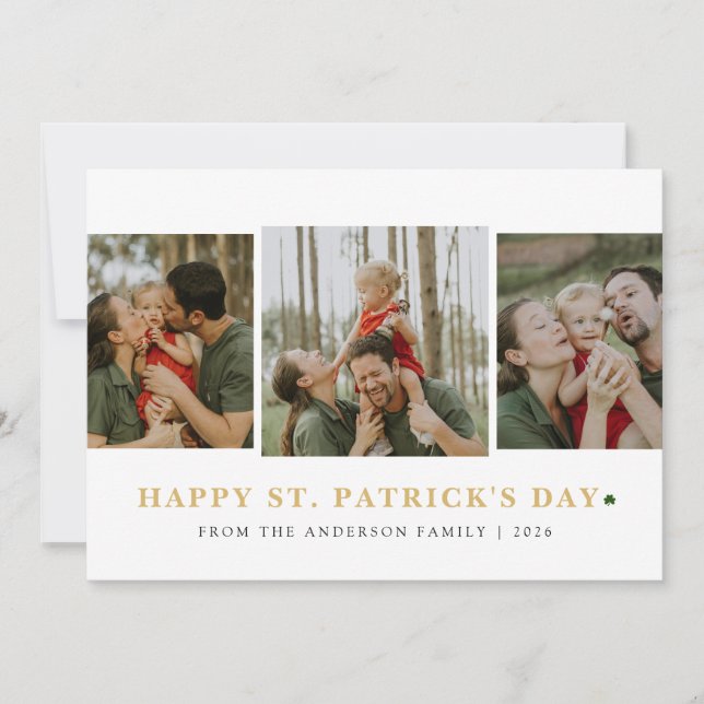 Simple lucky shamrock st. Patrick's Day 3 Photo Holiday Card (Front)