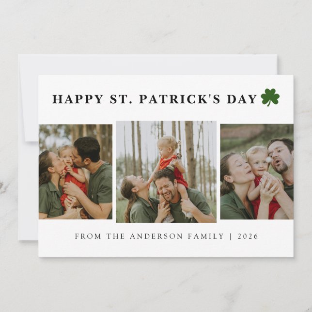 Simple lucky shamrock st. Patrick's Day 3 Photo Holiday Card (Front)