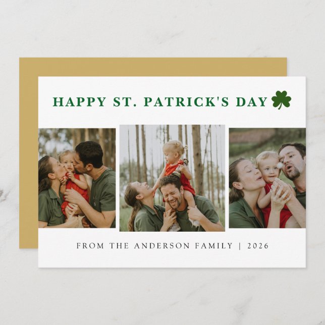 Simple lucky shamrock st. Patrick's Day 3 Photo Holiday Card (Front/Back)