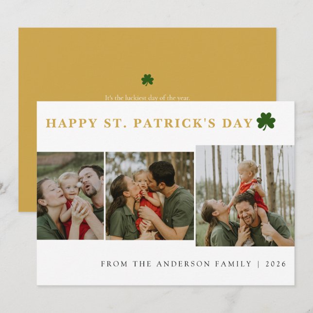 Simple lucky shamrock st. Patrick's Day 3 Photo Holiday Card (Front/Back)
