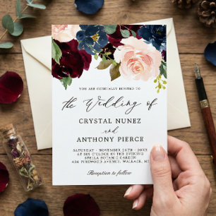 Simple Luxurious Burgundy Navy Floral Wedding Invitation