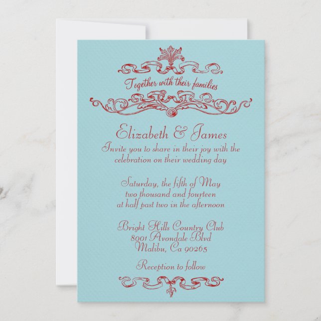 Simple Luxury Blue And Red Wedding Invitations (Front)