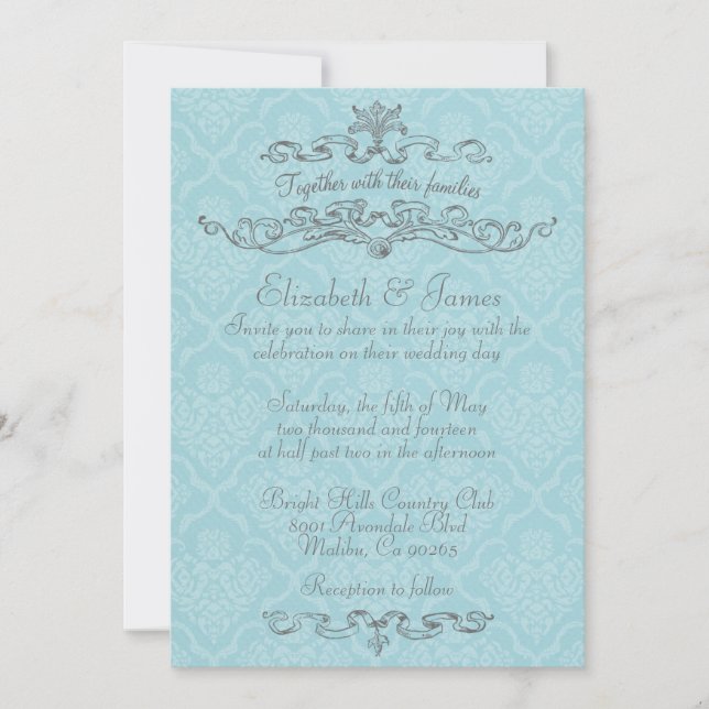 Simple Luxury Blue Damask Wedding Invitations (Front)