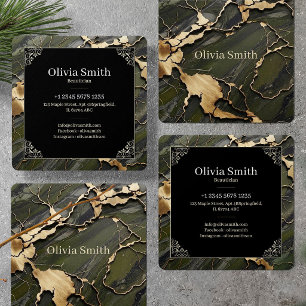 Simple Luxury Green Marble & Kintsugi Gold Square Business Card