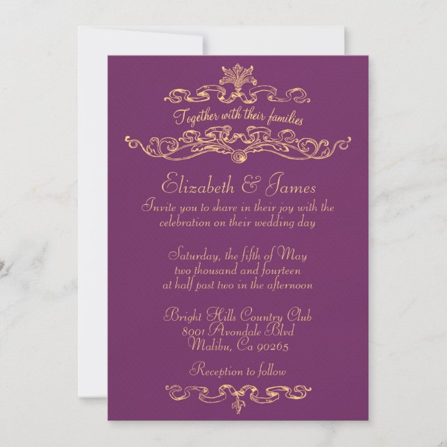 Simple Luxury Purple And Gold Wedding Invitations (Front)