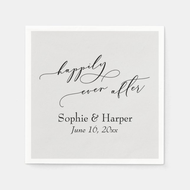 Simple Luxury Script Font Happily Ever After Grey Napkin (Front)