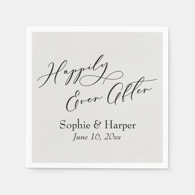 Simple Luxury Script Font Happily Ever After Grey Napkin (Front)