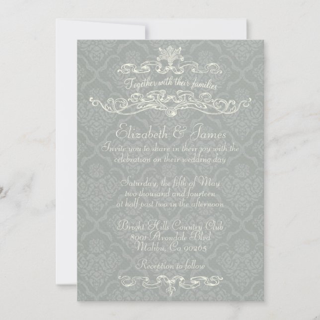 Simple Luxury Silver Damask Wedding Invitations (Front)