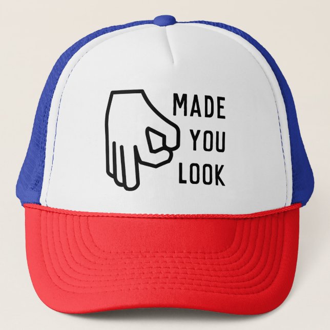 Simple Made You Look Hand Gesture Circle Trucker Hat (Front)