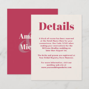 Simple Magenta Modern Minimalist Wedding Details Enclosure Card