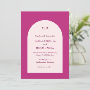 Simple Magenta Pink Monogram Arch Modern Wedding Invitation