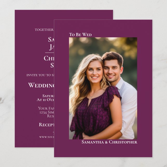 Simple Magenta Plum Vertical Photo Wedding Invitation (Front/Back)