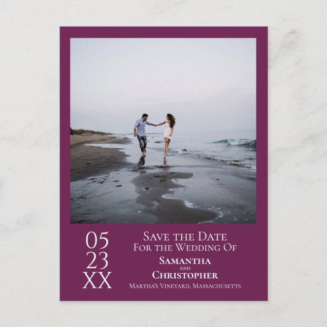 Simple Magenta Purple Wedding Save the Date Photo Postcard (Front)