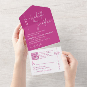 Simple Magenta QR Code Classy Script Wedding All In One Invitation