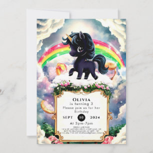Simple Magical Black Unicorn Birthday Invitation
