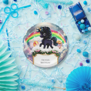 Simple Magical Black Unicorn Birthday Paper Plate