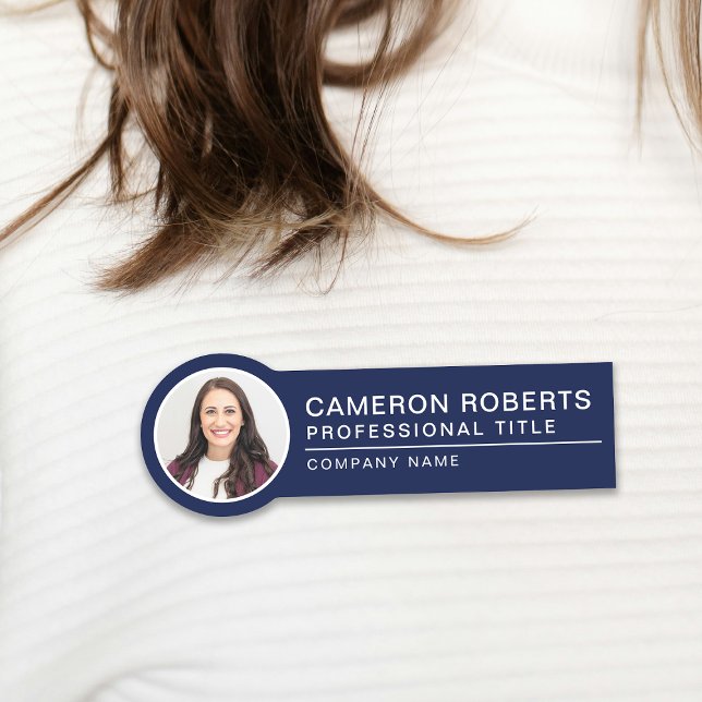 Simple Magnetic Employee Photo Navy Blue Name Tag (Creator Uploaded)