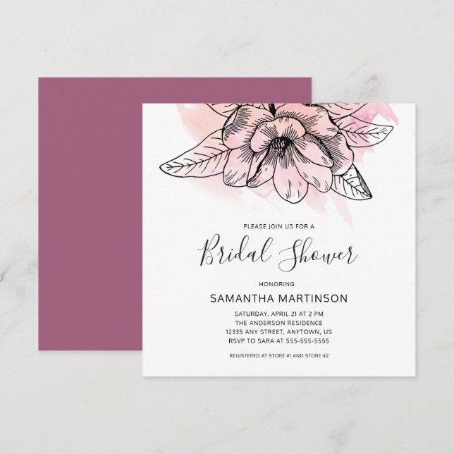 Simple Magnolia Pink Watercolor Square Bridal Show Invitation (Front/Back)