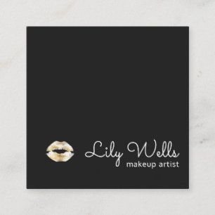 Simple Makeup Artist Gold Lips Black Square Business Card