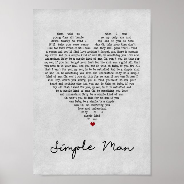 Simple Man Grey Heart Song Lyric Wall Art Print (Front)