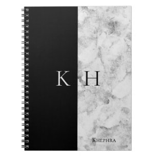 Simple Marble And Black Accent Monogram Name Notebook