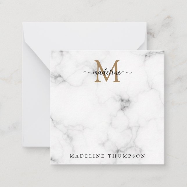 Simple Marble Gold Girly Script Monogram Square Card (Front)