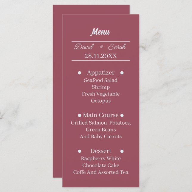 Simple Maroon Custom Wedding Dinner Menu (Front/Back)