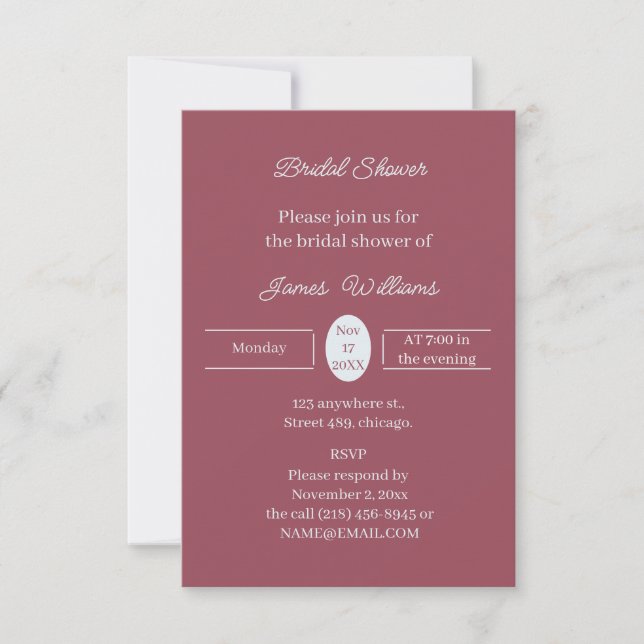 Simple Maroon Personalised Bridal Shower Invitation (Front)