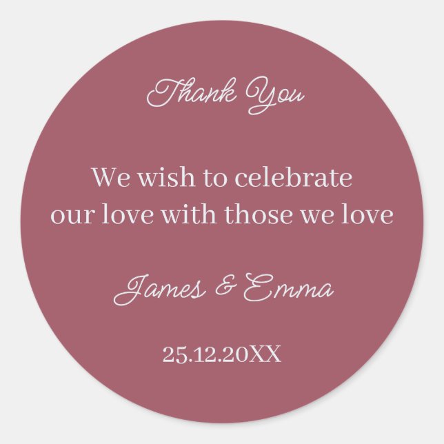 Simple Maroon Personalised Wedding Classic Round Sticker (Front)